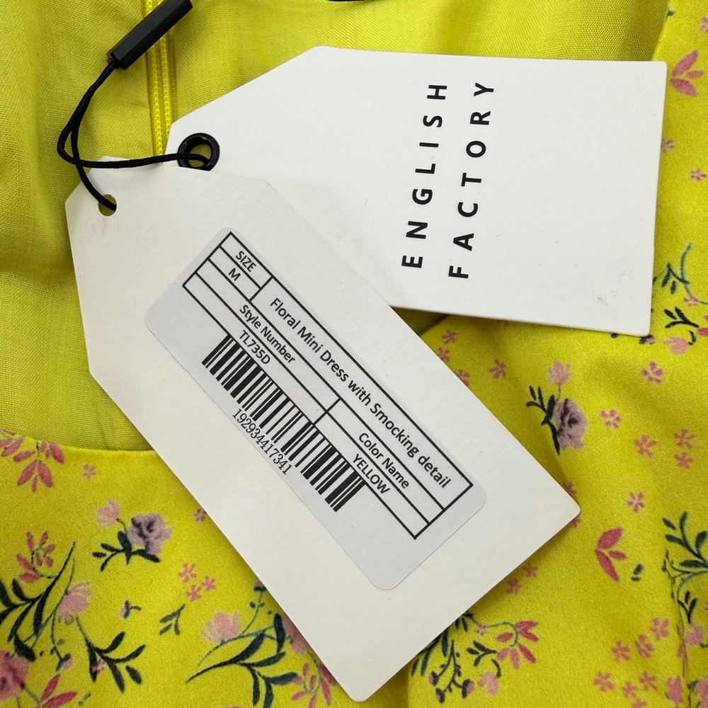 English Factory Floral Mini Dress Yellow Smocked Ruffle Sleeve Tiered M Babydoll - Picture 4 of 10